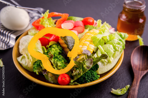 Diet plan,. salad healthy food on black stone background. .Weight loss.