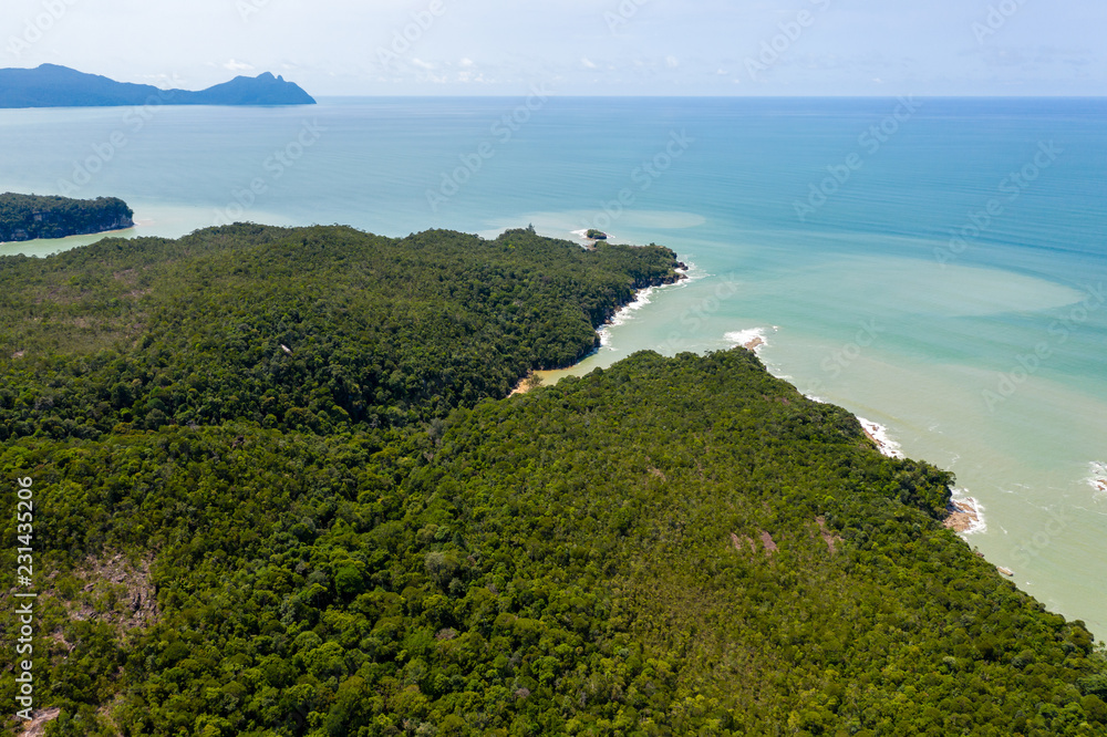 Aerial drone view of dense tropical rainforest leading to a remote, rough ocean coastline