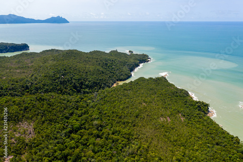 Aerial drone view of dense tropical rainforest leading to a remote, rough ocean coastline © whitcomberd