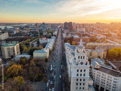 Evening Voronezh. Sunset. South-East Railway Administration Building and Revolution prospect. Aerial view from drone