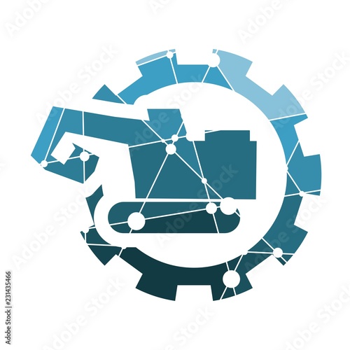 Flat big excavator in gear. Emblem for construction or mining equipment company. Lines connected with dots texture
