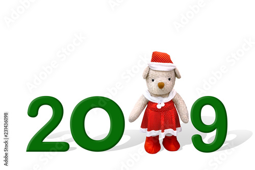 Merry christmas and happy new year card 2019 with pretty teddy bear in red dress and santa hat or santy costume. Teddy bear standing as a part of the Number 2019 sign on white background.