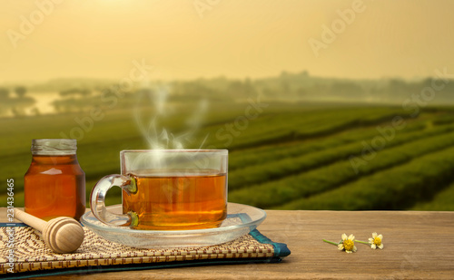 Hot tea cup and honey on the wooden table with tea plantations background. Healthy drink with copy space