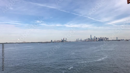 Reaching to New York Manhatten from sea. Close up of skyline of manhatten in new york from the staten island ferry