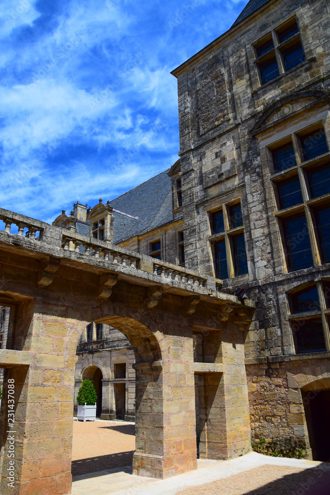 Architecture of the inner courtyard of the magnificent Chateau de Hautefort in Aquitaine, France