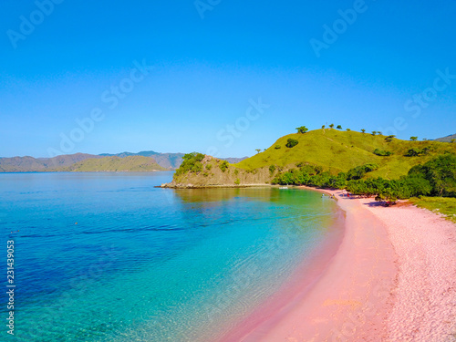 Aerial view of beautiful pink beach at Flores Island