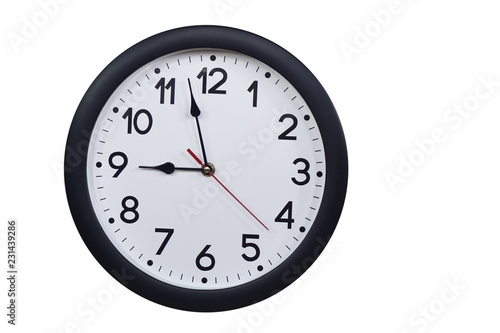 Time concept with black clock at nine to nine am or pm