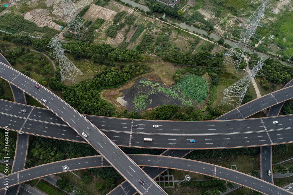 Fototapeta premium Aerial view of highway and overpass
