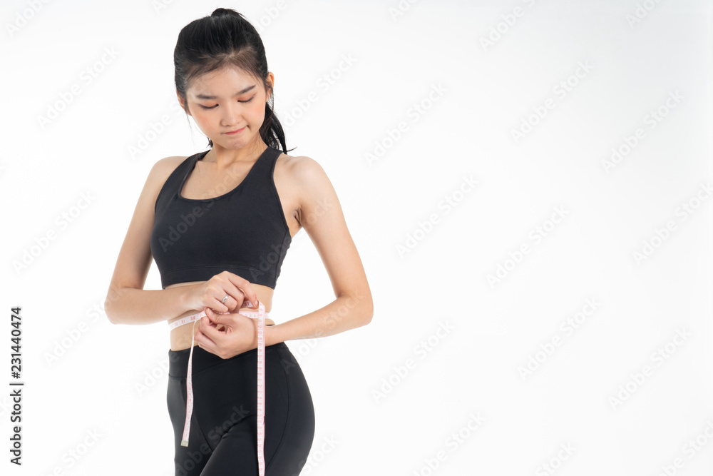 Sporty young asian woman doing yoga practice isolated on white background - concept  healthy life  fitness for slim.