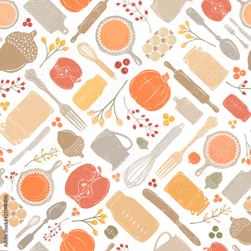 Seamless Vector Distressed Fall Baking Kitchen Pumpkin, & Acorn Geometric in Bright Autumn Colors