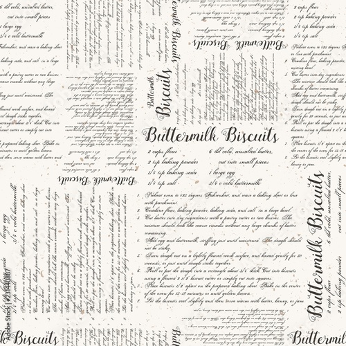 Seamless Vector Vintage Buttermilk Biscuits Textured Recipe Print in Charcoal with Aged Spots