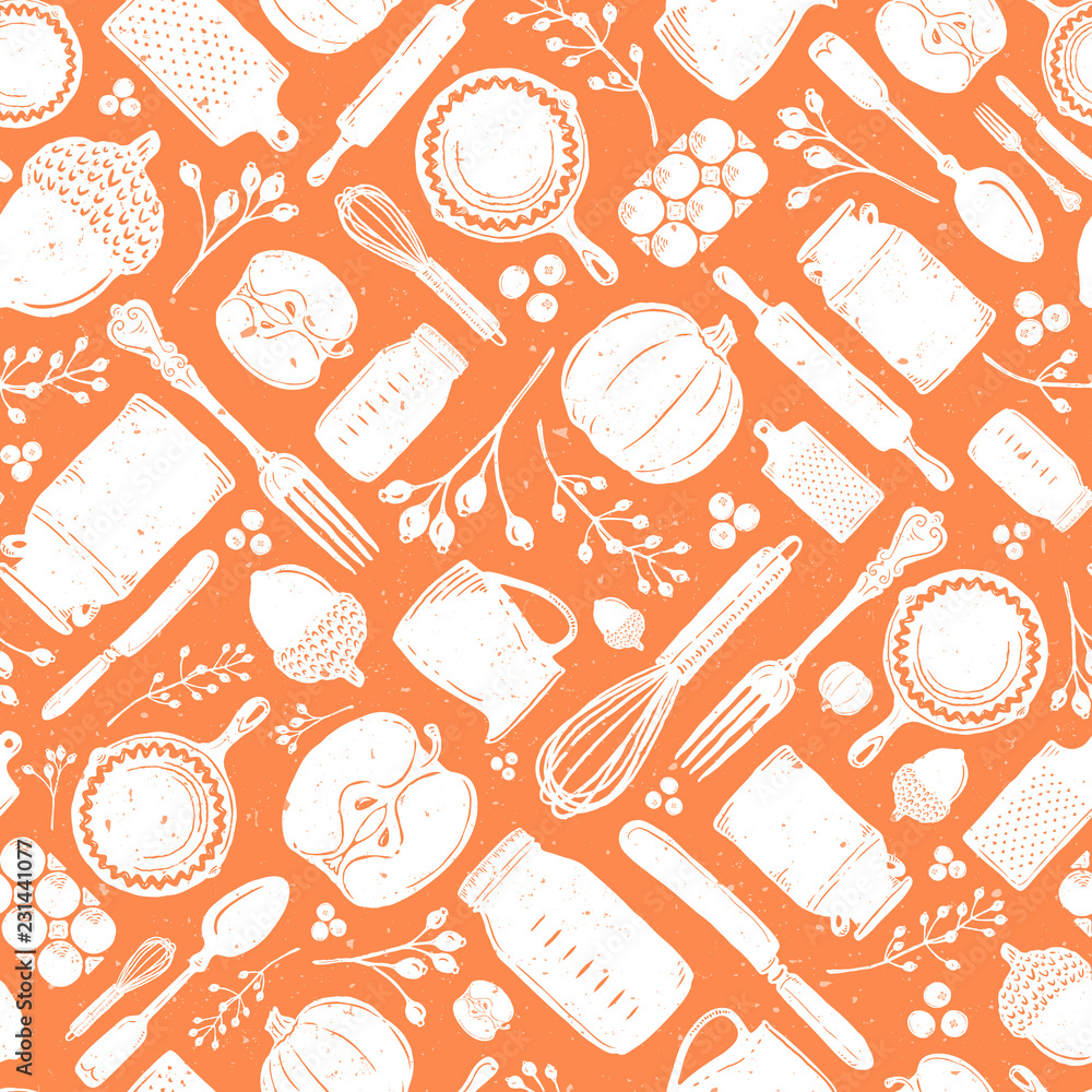 Seamless Vector Distressed Fall Baking Kitchen Utensil, Pumpkin, & Acorn Geometric Scatter in White & Orange Seamless Vector Distressed Fall Baking Kitchen Utensil, Pumpkin, & Acorn Geometric Scatter in White & Orange