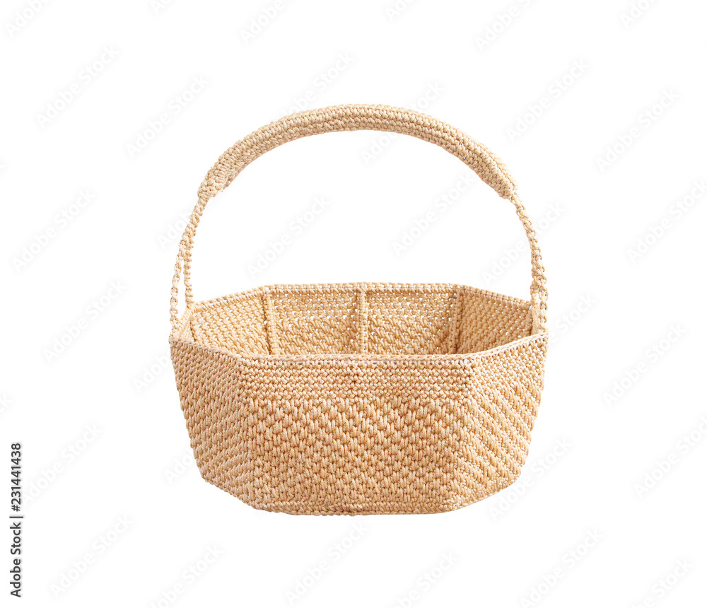 Light brown knitted basket made from nylon thread isolated on white background with clipping path,handmade texture patterns