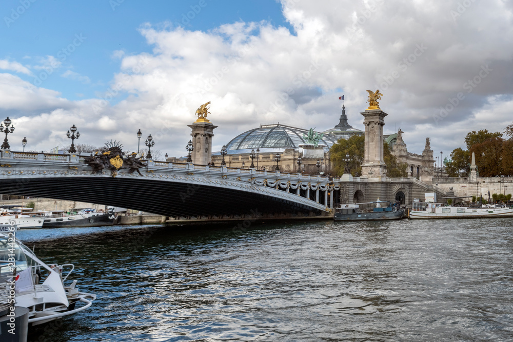 The Pont Alexandre III over the seine river is a deck arch bridge that spans the Seine in Paris. It connects the Champs-Élysées quarter with those of the Invalides and Eiffel Tower.