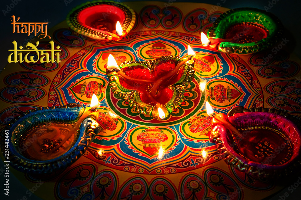 Diwali festival background with colorful clay lamps and rangoli design 