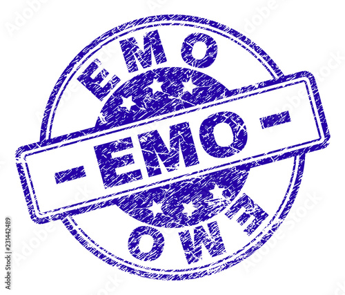 EMO stamp seal imprint with distress texture. Designed with rounded rectangles and circles. Blue vector rubber print of EMO title with grunge texture.