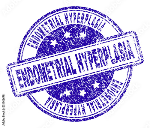 ENDOMETRIAL HYPERPLASIA stamp seal imprint with grunge style. Designed with rounded rectangles and circles. Blue vector rubber print of ENDOMETRIAL HYPERPLASIA title with grunge texture.