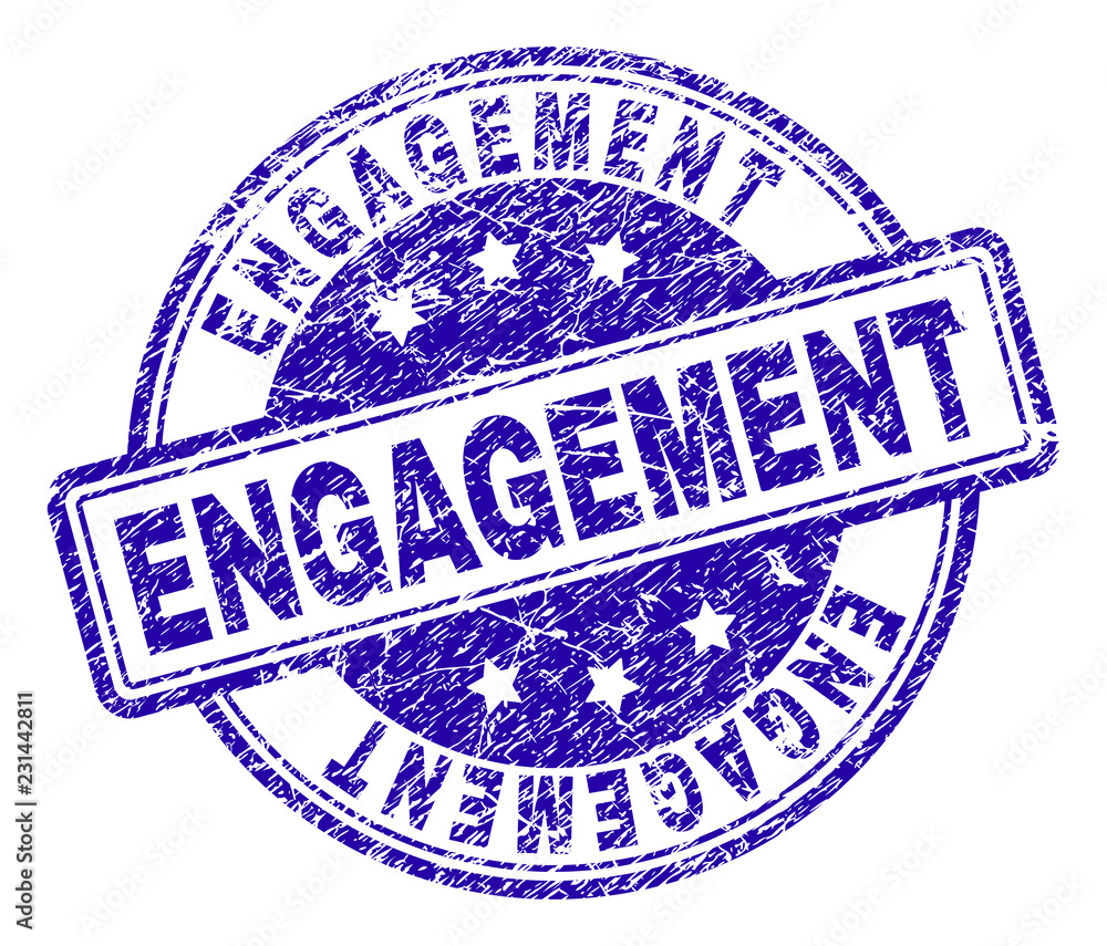 ENGAGEMENT stamp seal watermark with distress texture. Designed with rounded rectangles and circles. Blue vector rubber print of ENGAGEMENT text with grunge texture. ENGAGEMENT stamp seal watermark with distress texture. Designed with rounded rectangles and circles. Blue vector rubber print of ENGAGEMENT text with grunge texture.