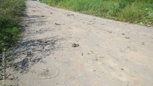 pile of dirt on dirty concrete road at thailand