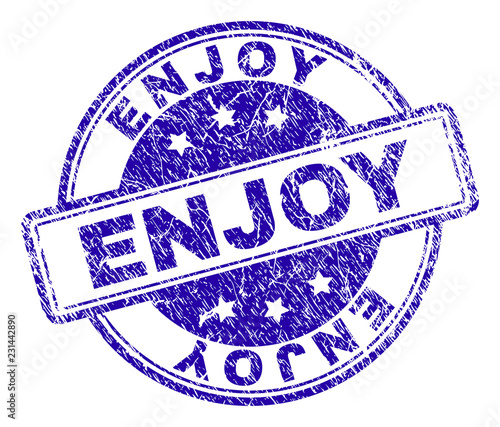 ENJOY stamp seal watermark with grunge texture. Designed with rounded rectangles and circles. Blue vector rubber print of ENJOY text with unclean texture.