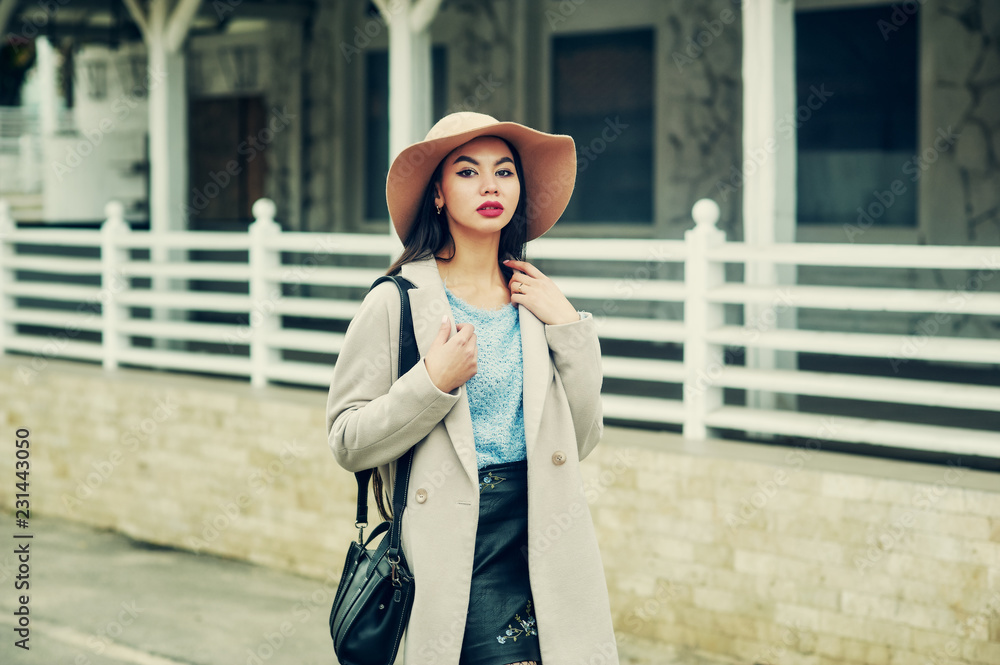Obraz premium Portrait of a young woman on the streets of the autumn city . A girl in a wide-brimmed felt hat and a light coat