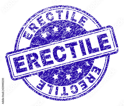 ERECTILE stamp seal watermark with distress texture. Designed with rounded rectangles and circles. Blue vector rubber print of ERECTILE text with dirty texture.