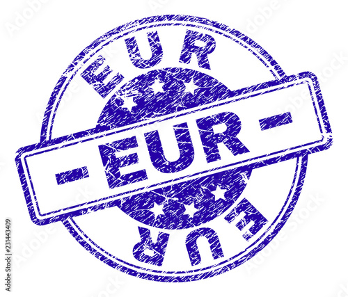 EUR stamp seal watermark with distress texture. Designed with rounded rectangles and circles. Blue vector rubber print of EUR text with retro texture.