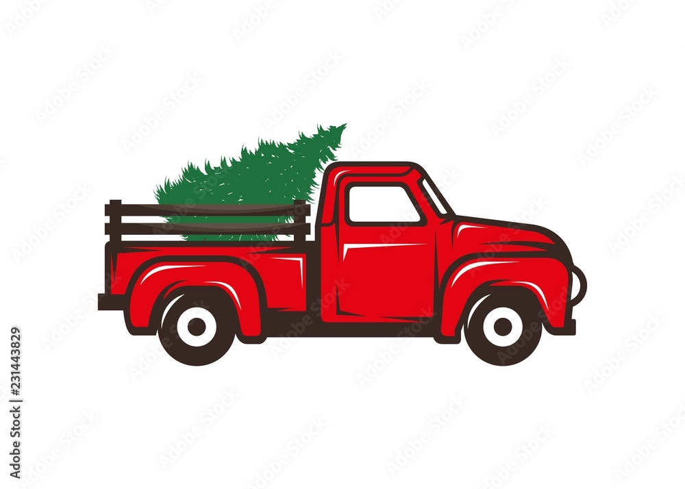 Antique red truck with christmas tree illustration, logo icon vector