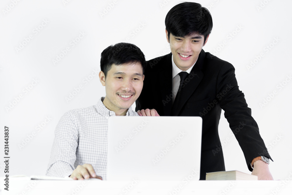 Asian manger businessman and employee salary man has working together with feeling happy and success, isolated on white background. Asian manger businessman and employee salary man has working together with feeling happy and success, isolated on white background.