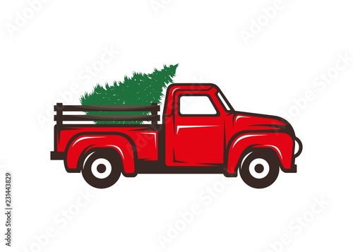 Antique red truck with christmas tree illustration, logo icon vector
