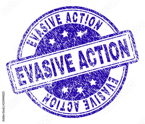EVASIVE ACTION stamp seal watermark with grunge texture. Designed with rounded rectangles and circles. Blue vector rubber print of EVASIVE ACTION label with corroded texture.