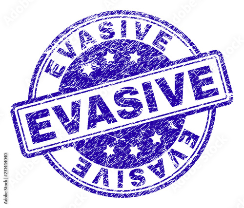 EVASIVE stamp seal imprint with grunge texture. Designed with rounded rectangles and circles. Blue vector rubber print of EVASIVE tag with grunge texture.