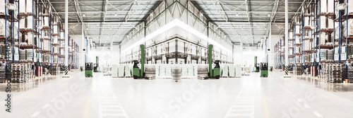 Wide panoramic collage of slightly blurred and toned typical storage, warehouse interior. Selective focus.