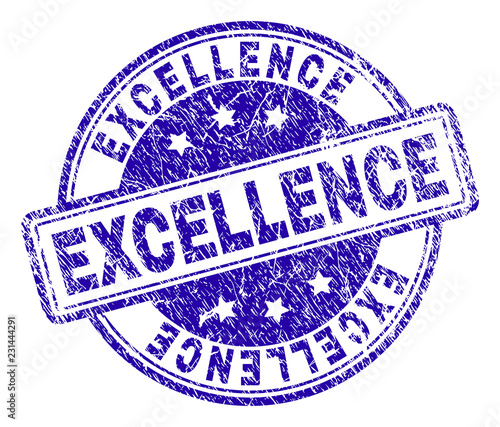 EXCELLENCE stamp seal imprint with grunge texture. Designed with rounded rectangles and circles. Blue vector rubber print of EXCELLENCE label with grunge texture.