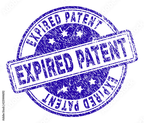 EXPIRED PATENT stamp seal imprint with grunge effect. Designed with rounded rectangles and circles. Blue vector rubber print of EXPIRED PATENT title with grunge texture.