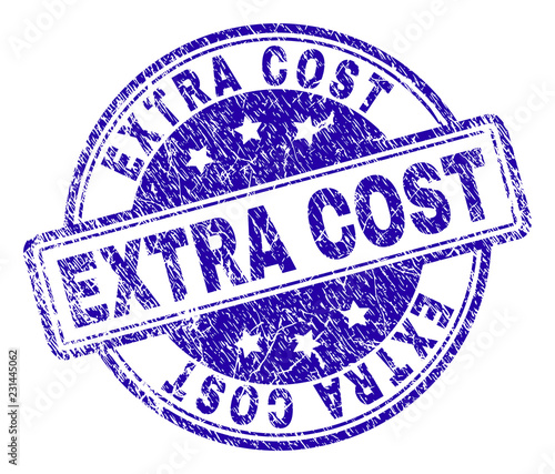 EXTRA COST stamp seal watermark with distress texture. Designed with rounded rectangles and circles. Blue vector rubber print of EXTRA COST label with unclean texture.