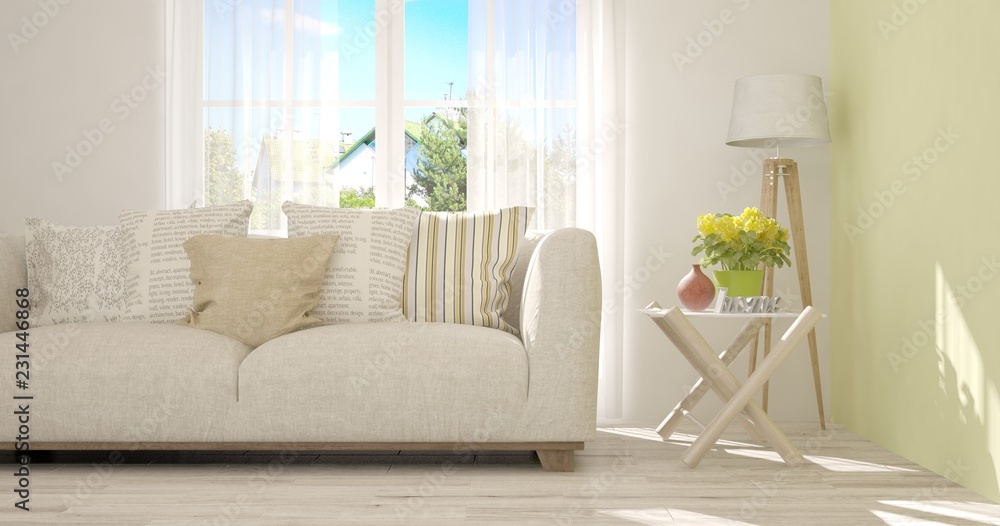 Idea of white room with sofa and summer landscape in window. Scandinavian interior design. 3D illustration Idea of white room with sofa and summer landscape in window. Scandinavian interior design. 3D illustration