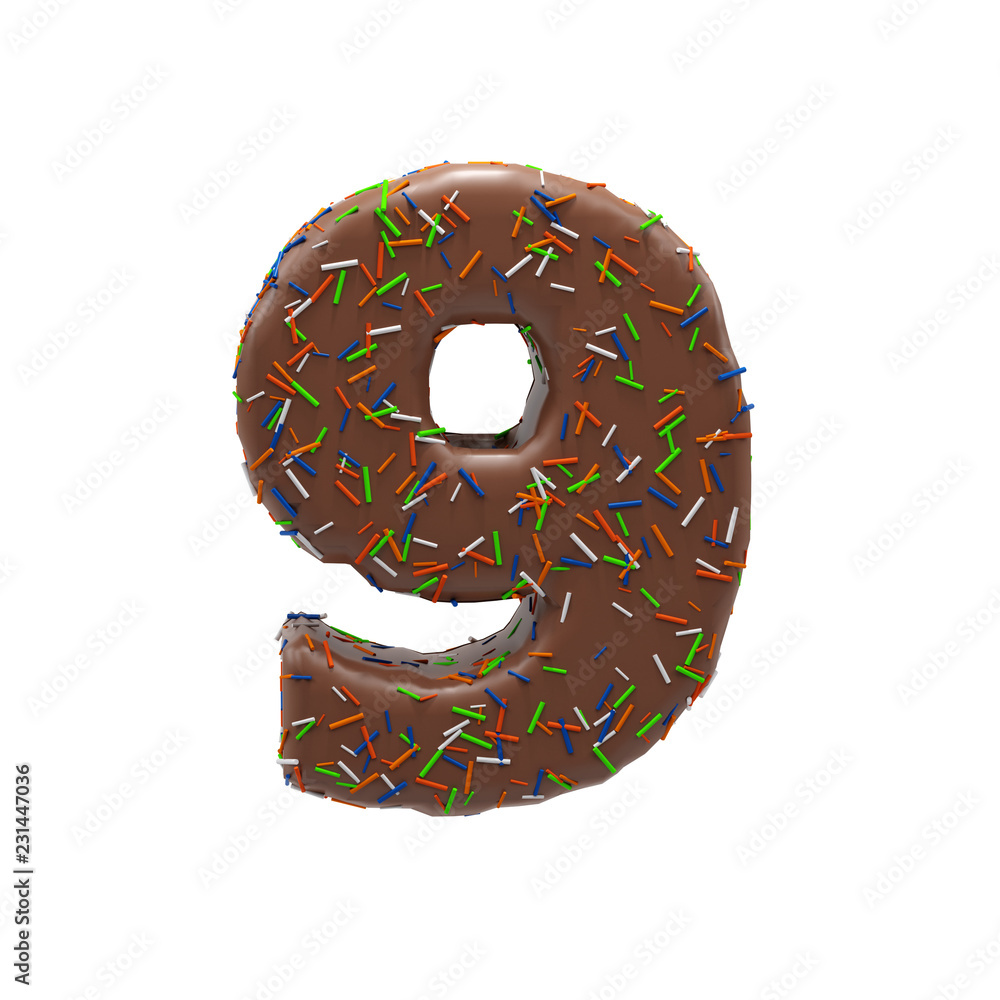 Chocolate Cake Donut Font with colorful sprinkles. Delicious Number 9. 3D render Illustration.