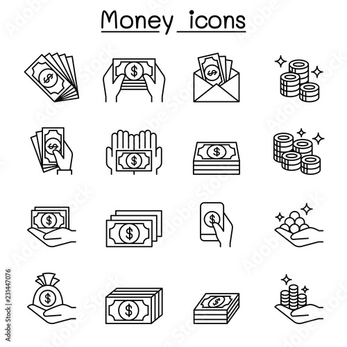 Money & hand icon set in thin line style