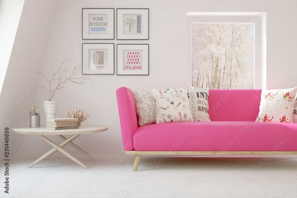 Obraz premium White modern room with sofa. Scandinavian interior design. 3D illustration