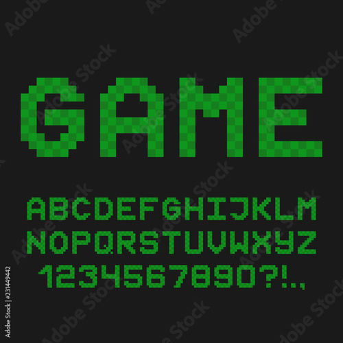 Pixel style alphabet. 8-bit computer video game font. Vector.