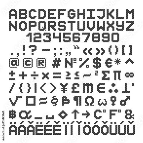 Pixel style font. 8 bit letters, numbers and symbol. Vector.