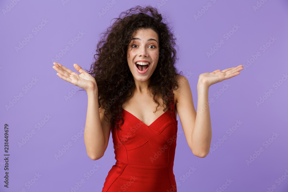 Portrait of a cheerful woman with dark curly hair Portrait of a cheerful woman with dark curly hair