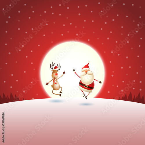 Christmas greeting - Santa Claus and Reindeer on red night moonlight winter landscape