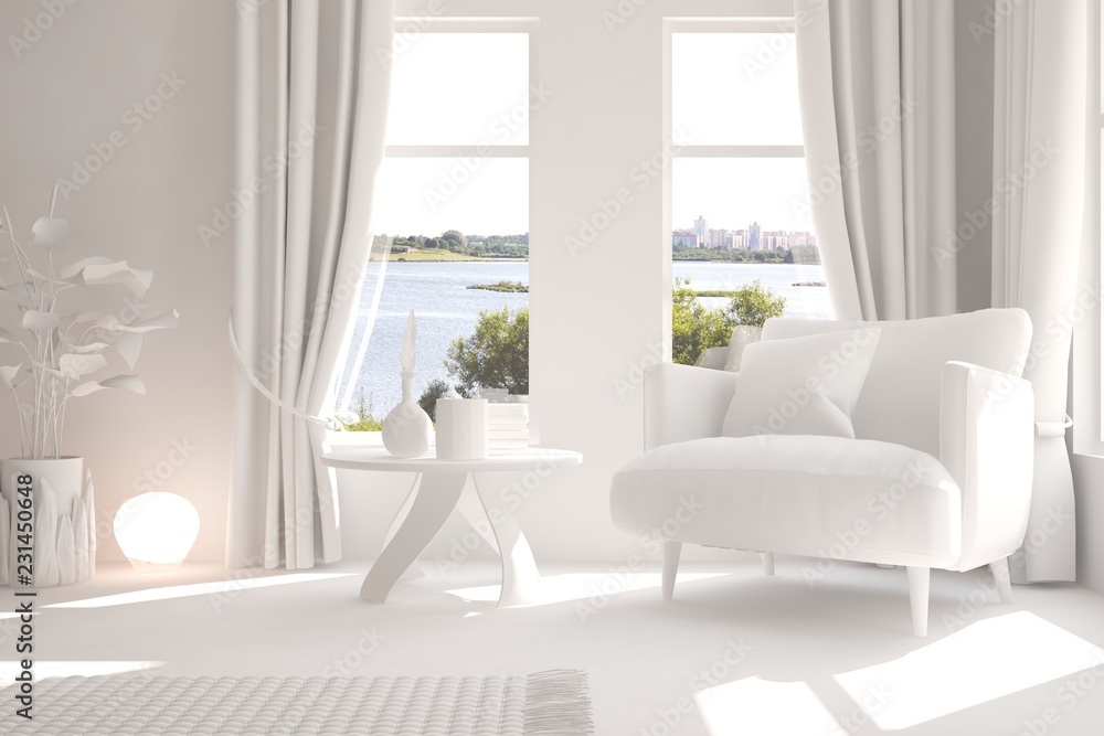 White room with armchair and green landscape in window. Scandinavian interior design. 3D illustration White room with armchair and green landscape in window. Scandinavian interior design. 3D illustration