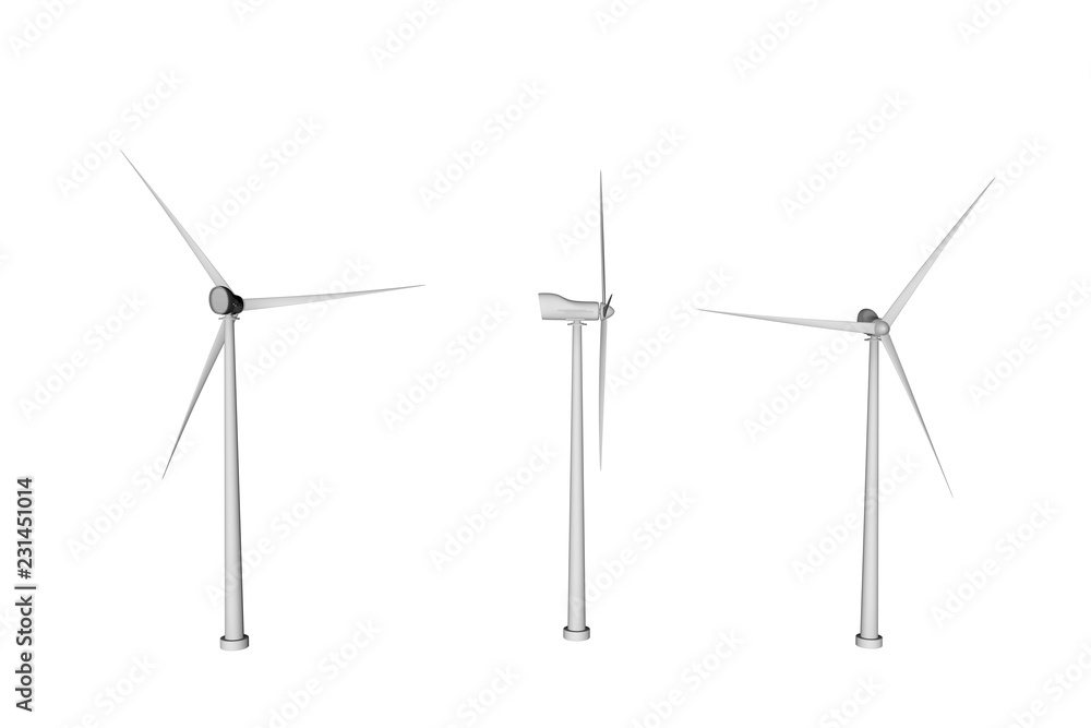 3 wind turbines with different rotation angles isolated on white background - wind energy industrial illustration, 3D illustration 3 wind turbines with different rotation angles isolated on white background - wind energy industrial illustration, 3D illustration