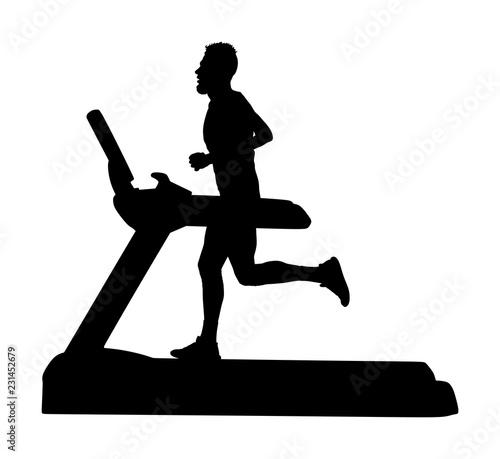 Sport man running on a treadmill in gym vector silhouette. Boy on running track cardio training. Fitness man personal trainer workout. Exercise on simulator. Gymnastic activity indoor. Muscular guy.