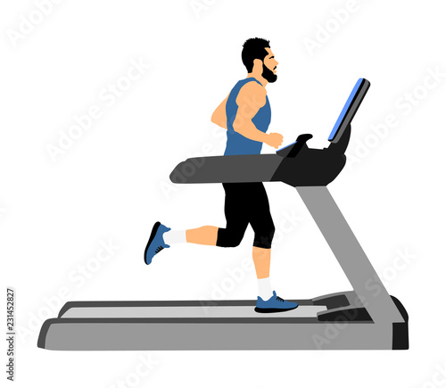 Sport man running on a treadmill in gym vector illustration. Boy on running track cardio training. Fitness man personal trainer workout. Exercise on simulator. Gymnastic activity indoor. Muscular guy.