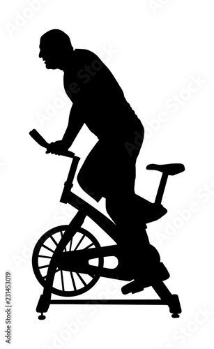 Man work out on exercise bike vector silhouette. Biking in gym cardio training. Indoor cycling bikes worming up. Sport boy losing weight.  Fitness instructor. Personal trainer riding stationary bike
