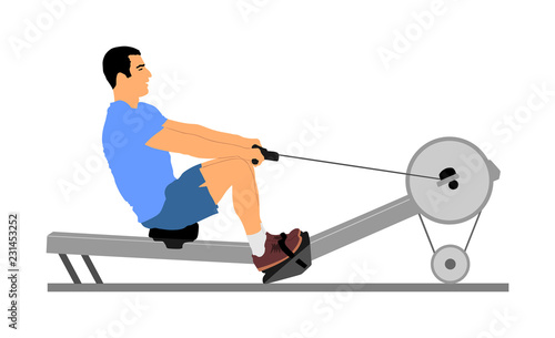 Sport man doing Seated Cable Row in gym vector illustration. Low cable pulley row seated. Fitness instructor demonstration. Personal trainer exercise on simulator gym machine. Health care.